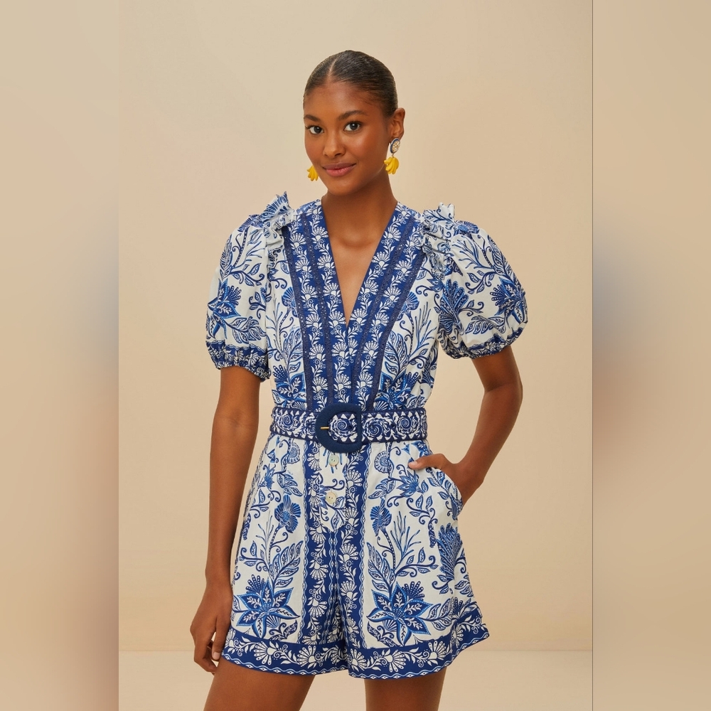 NEW FARM Rio blue & off-white shell garden 100% organic cotton Romper Size Small - Picture 10 of 13